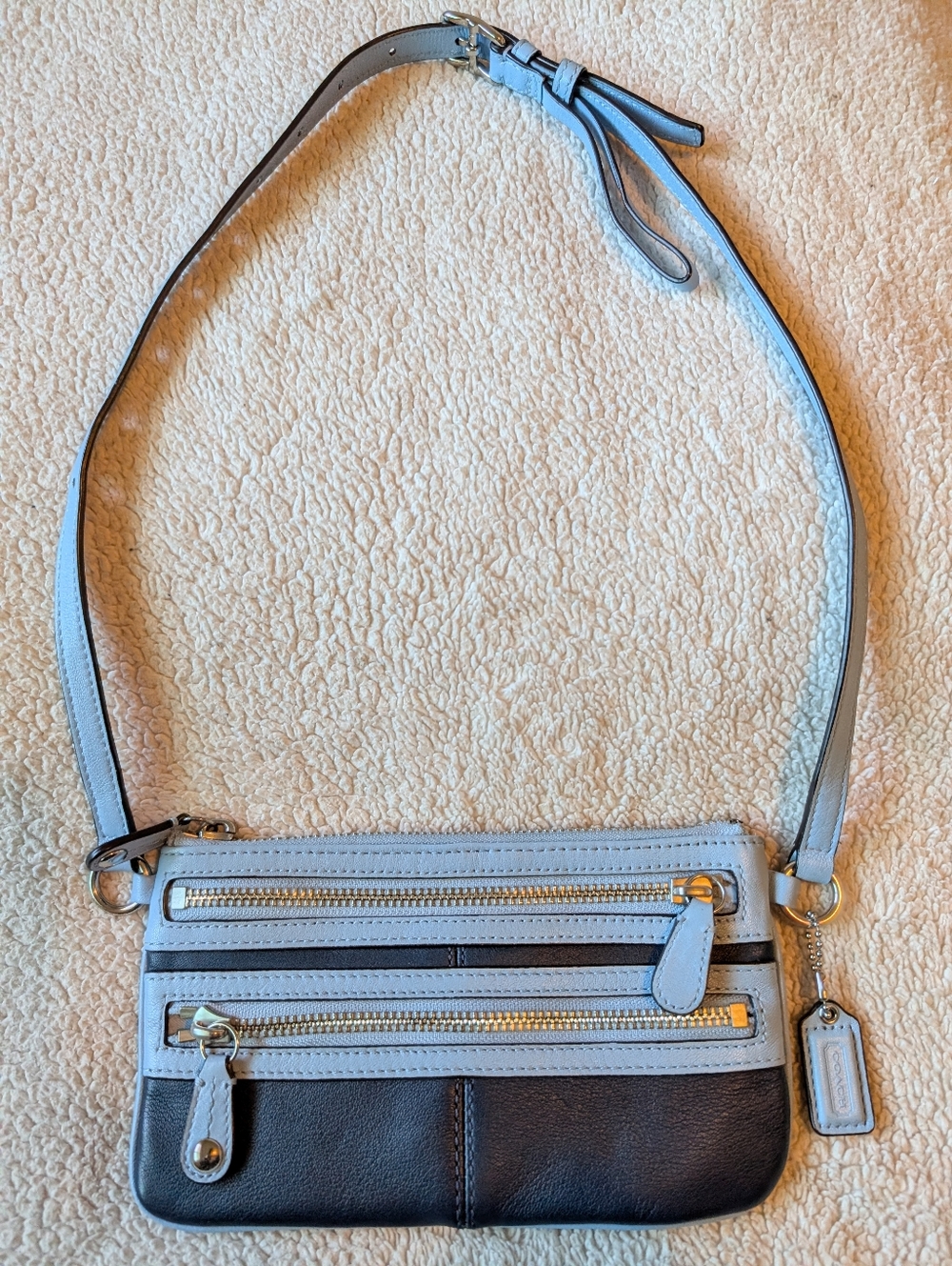 Coach Light Blue and Black Leather Wristlet Bag - Casual Everyday Shoulder Bag